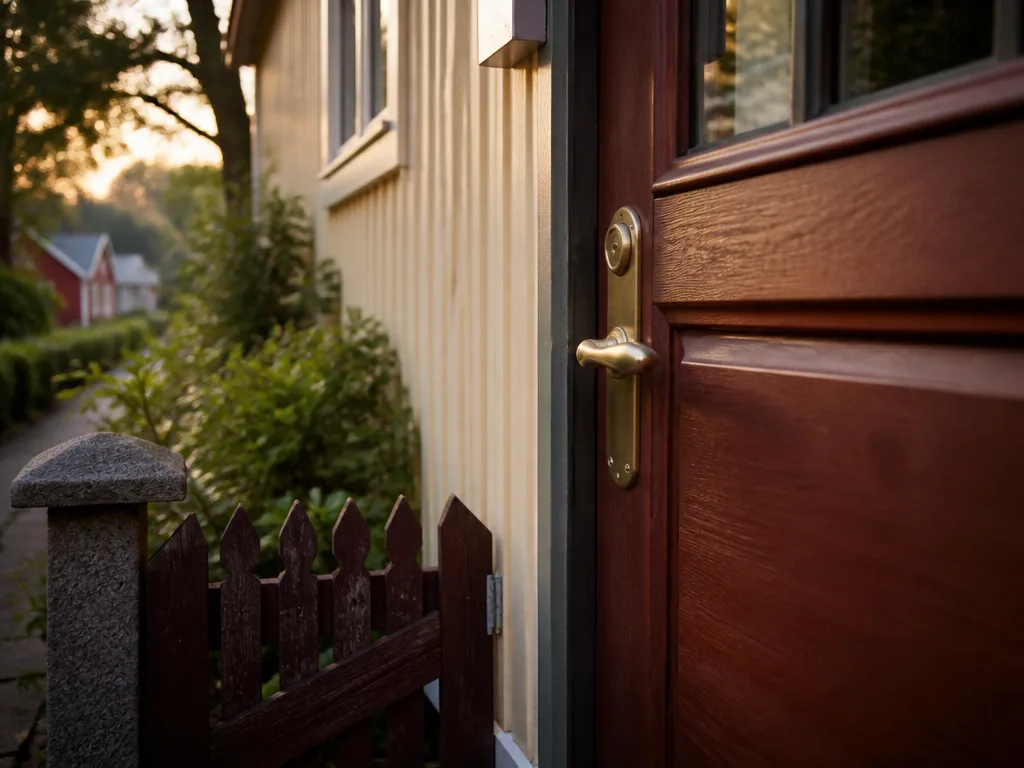 Trädörr med mässingslås och en låg trädgårdsgrind vid ett svenskt bostadshus i kvällsljus
