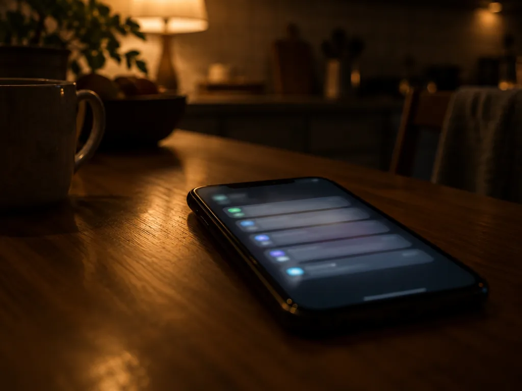 Mobiltelefon på ett köksbord i kvällsljus med en rad olästa meddelandeaviseringar