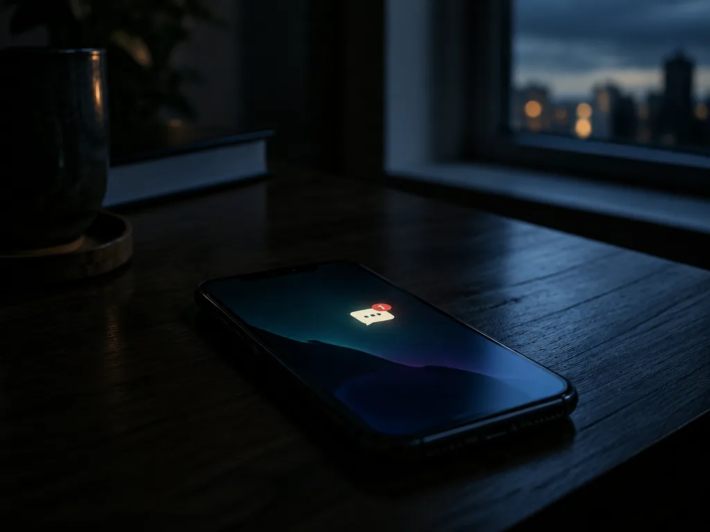 Mobiltelefon på ett mörkt träbord en kväll med ett oläst meddelande som lyser på skärmen