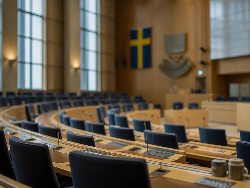 Tom kammarsal i riksdagen med bänkrader i milt dagsljus